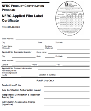 NFRC Applied Film Label Certificate Example